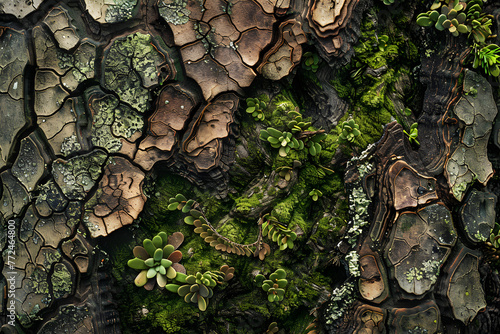 the textured surface of a tropical tree bark, where mosses, lichens, and epiphytes create a miniature ecosystem teeming with life