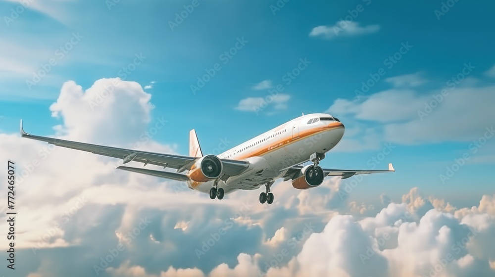 Airplane at fly on the sky with clouds, AI-generated Airplane at fly on the sky with clouds, AI-generated