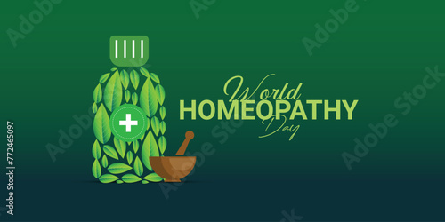 World Homeopathy Day. Green abstract background, the day is a celebration of both homeopathy and those who have been cured by homeopathy. Homeopathy Doctor Day, Homeopathy Day Creative Ideas.
