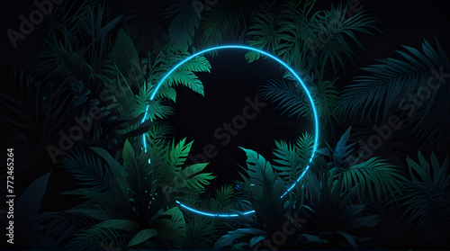 Blue circle Neon shape With jungle floral Tropical. Isolated on black Background .Generative AI 