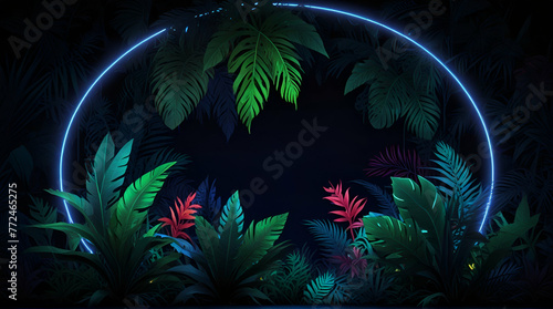 Blue circle Neon shape With jungle floral Tropical. Isolated on black Background .Generative AI 
