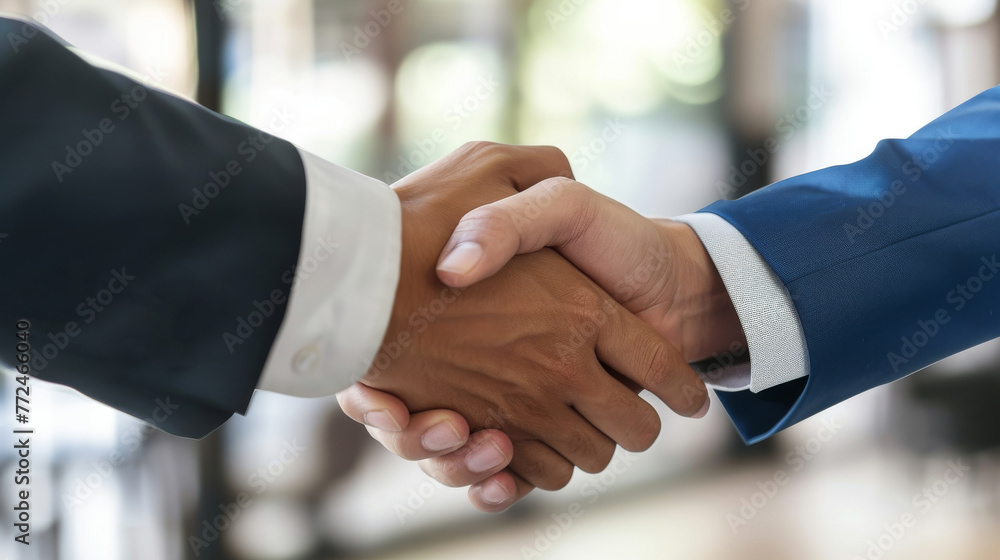 Two people shaking hands in a business setting Two people shaking hands in a business setting
