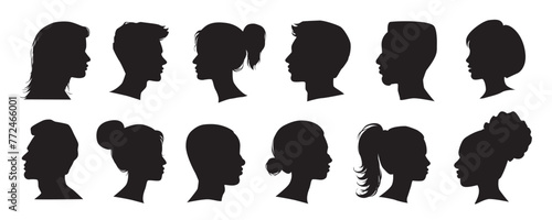 Head profile silhouette mega set in flat graphic design. Collection elements of different male and female human black portraits, african american or caucasian anonymous avatars. Vector illustration.