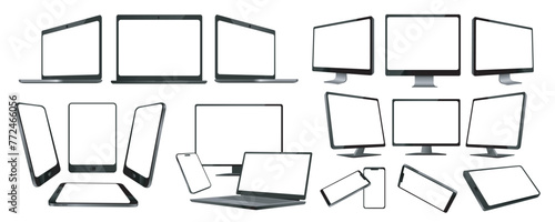 Realistic electronic devices mega set in flat graphic design. Collection elements of different mockups of iphone, imac, ipad, cellphones, computers with empty screen. Vector illustration.