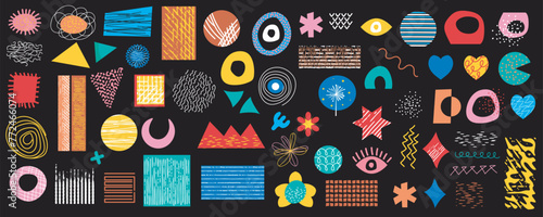 Retro geometric doodle shapes mega set in flat graphic design. Collection elements with abstract different types of spots, stars, moons, eyes, hearts, line texture, arrows, other. Vector illustration.