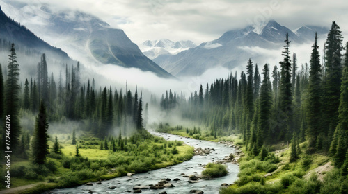 Panorama , Alberta wilderness near Banff , Mist rises over the forest in Banff National Park Alberta , Generate AI