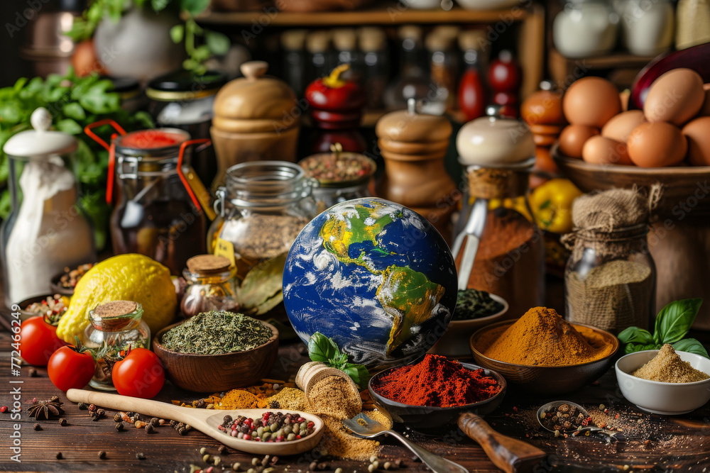 Earth globe at the center of food variety, cooking ingredients and cooking utensils, world food day and flavorful international cuisine concept.