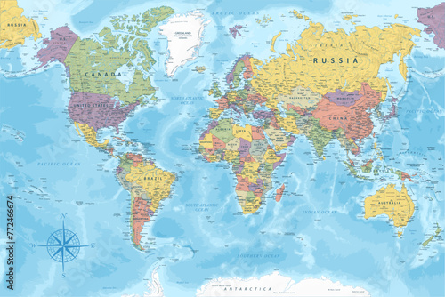 World Map - Highly Detailed Colored Vector Map of the World. Ideally for the Print Posters. © Porcupen