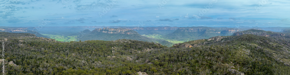 Drone aerial panoramic photograph of a large green eucalyptus tree forest and valley in the Blue Mountains in New South Wales in Australia