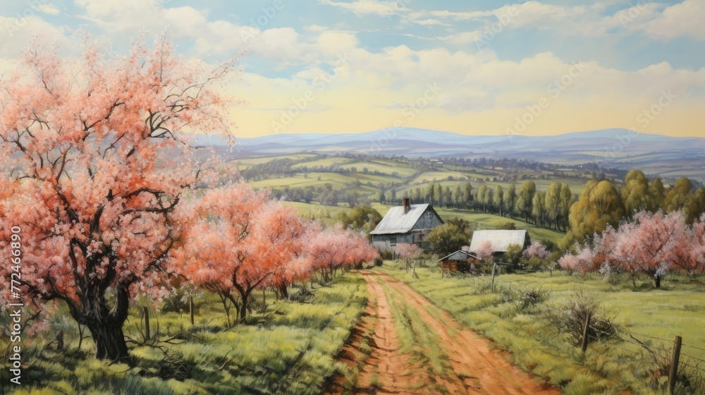 A peaceful countryside scene with pastel peach fields and a distant farmhouse