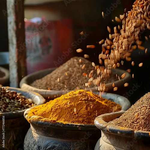 Spice market stall with colorful dried peppers, perfect for adding fiery heat to curries photo