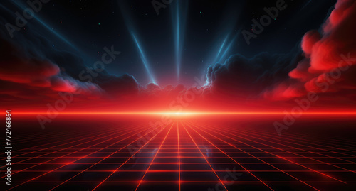 Red grid floor on a glow neon night red grid background  in the style of atmospheric clouds  concert poster  rollerwave  technological design  shaped canvas  smokey vaporwave background.