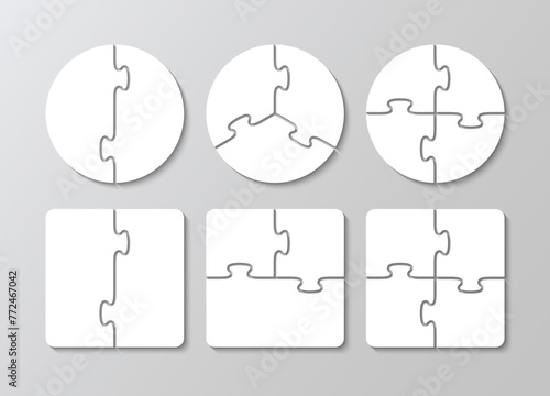 Scheme for thinking game. 2, 3, 4, 5 pieces round and square templates. Simple mosaic background with separate details. Puzzle jigsaw grids set. Cutting template. Vector illustration.