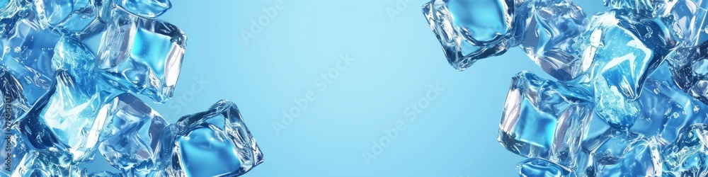 Ice cubes with water drops scattered on blue background, top view. Ice cubes with water drops scattered on blue background, top view.