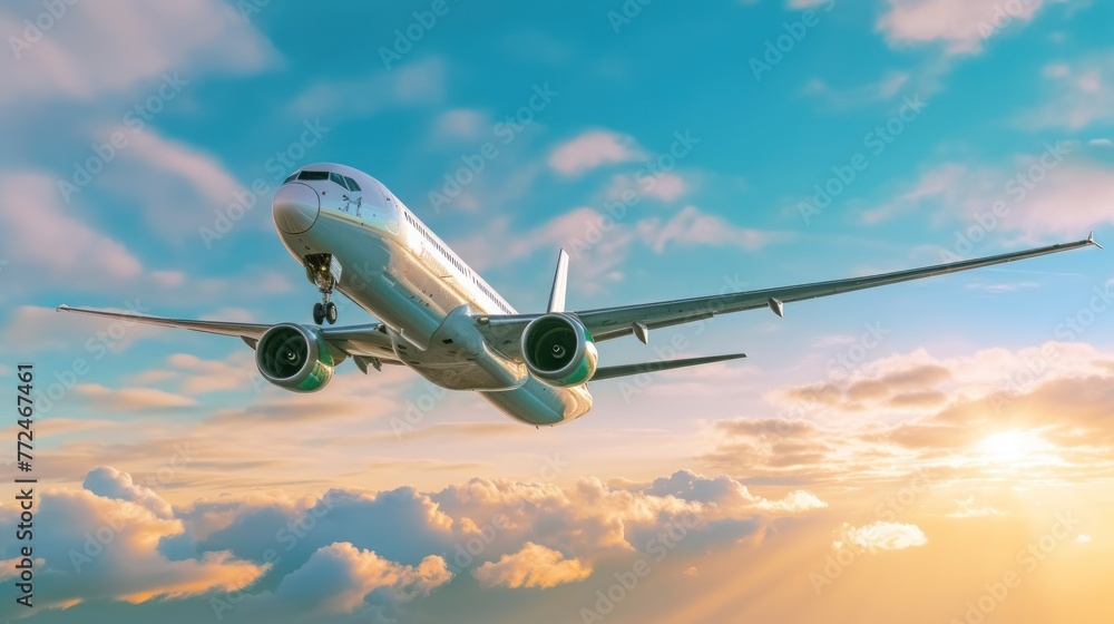 Airplane flying above tropical sea at sunset, AI-generated Airplane flying above tropical sea at sunset, AI-generated