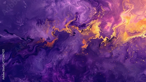 a swirling mixture of purple and gold, creating a vibrant fluid art pattern with a sense of movement and artistic expression