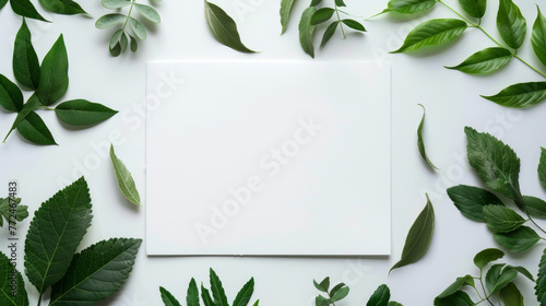 flat lay with green leaves and white postcard with copy space