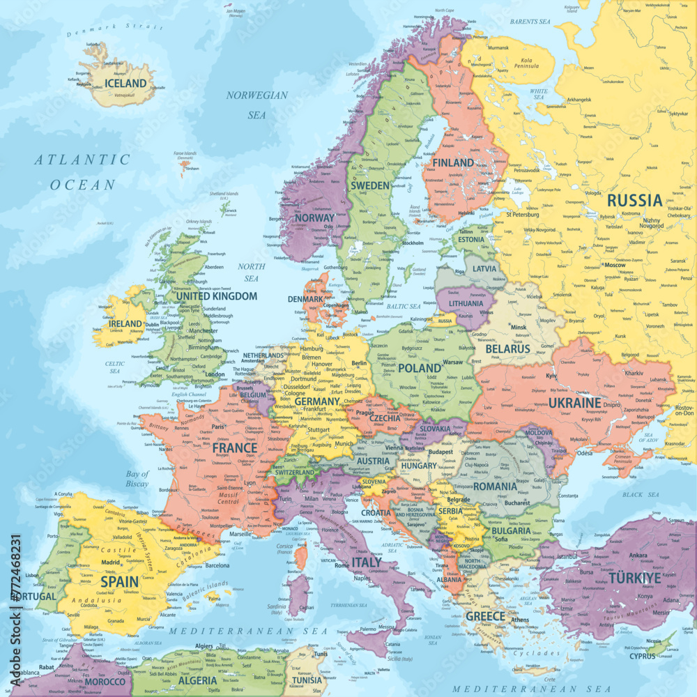 Europe - Highly Detailed Colored Vector Map of the Europe. Ideally for the Print Posters - obrazy, fototapety, plakaty 