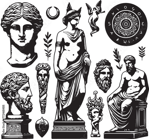 Greek ancient sculpture mystic set. trendy bohemian style. black color design.
