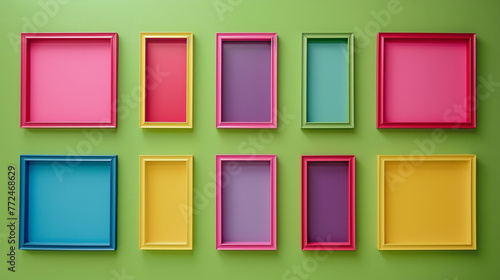 Nine small minimalist art gallery poster frame mockups in bright fuchsia, arranged in a three-by-three grid on a solid lime green wall, providing a playful --ar 169 --v 6.0 --s 250 - Image #3 @M Bilal photo