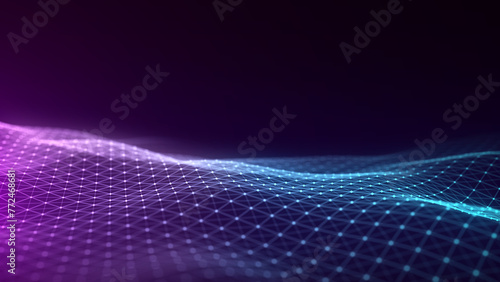 Music color wave of particles and lines. Big data visualization. Abstract blue background with a dynamic wave. 3d rendering. © Oleksii