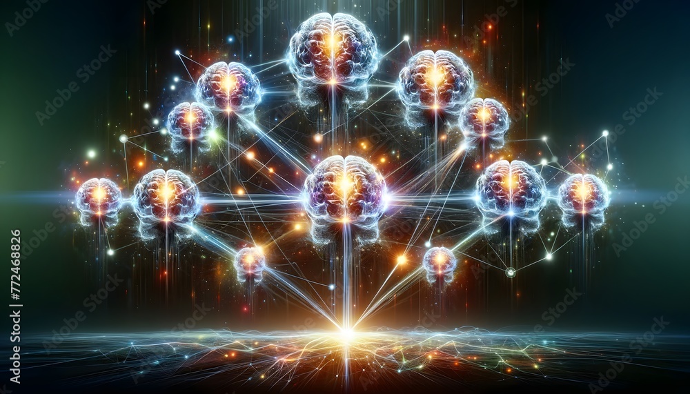 Fototapeta premium Multiple Human Brains Connected By A Network Of Light Or Energy
