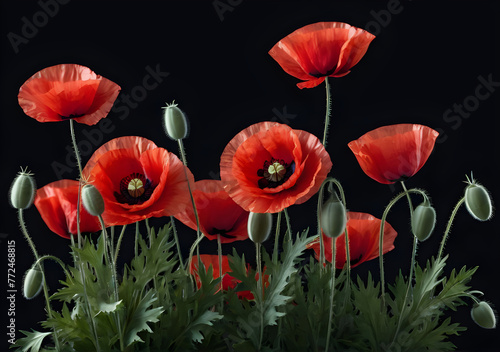 Red poppies on black background. Remembrance Day  Armistice Day symbol. Generative AI