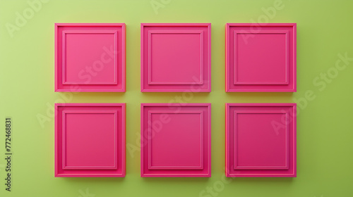 Nine small minimalist art gallery poster frame mockups in bright fuchsia, arranged in a three-by-three grid on a solid lime green wall, providing a playful --ar 169 --v 6.0 --s 250 - Image #1 @M Bilal
