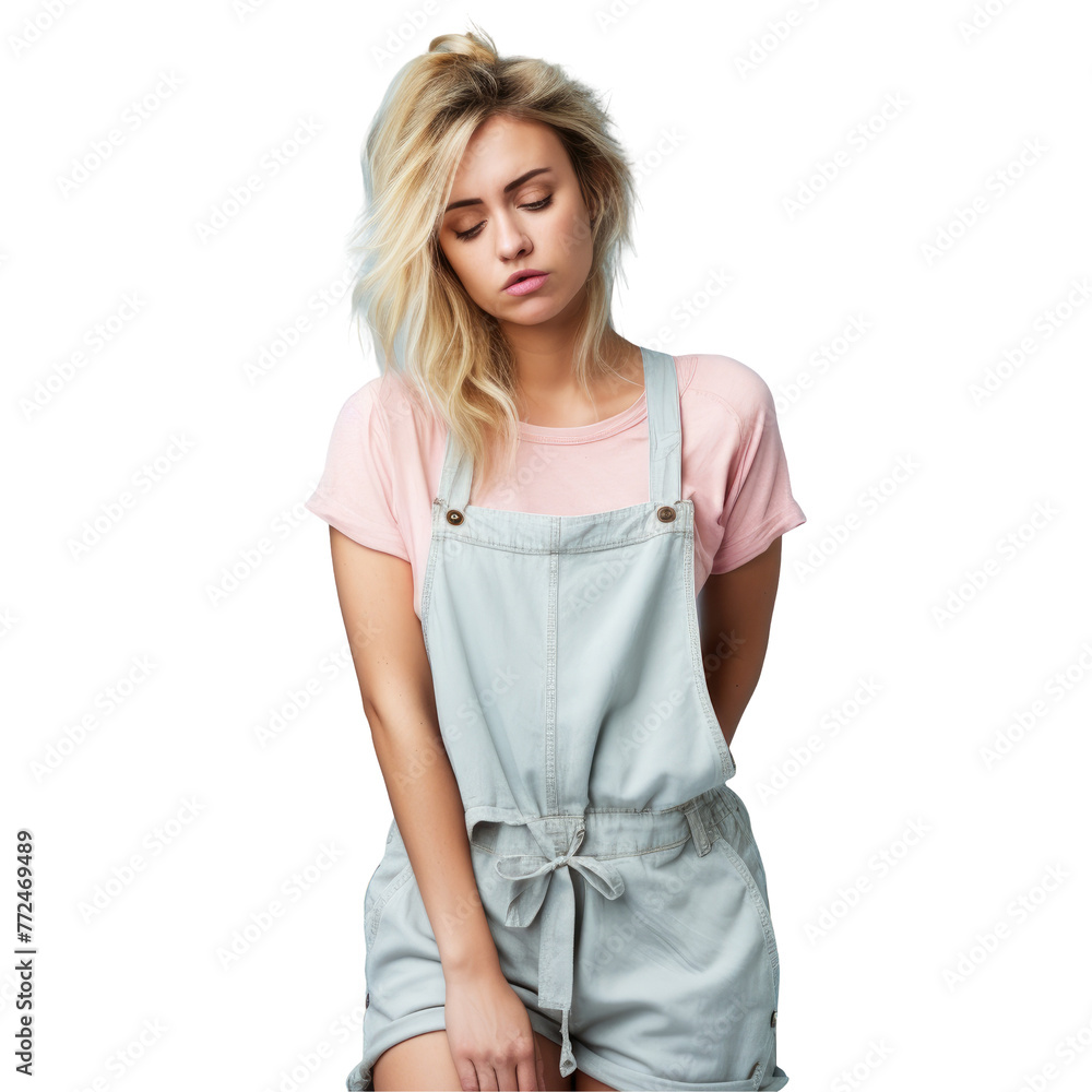 The woman is dressed in overalls and a pink shirt, with her hair pulled back. She strikes a pose with a hand on her waist, showcasing a unique fashion design on transparent The woman is dressed in overalls and a pink shirt, with her hair pulled back. She strikes a pose with a hand on her waist, showcasing a unique fashion design on transparent