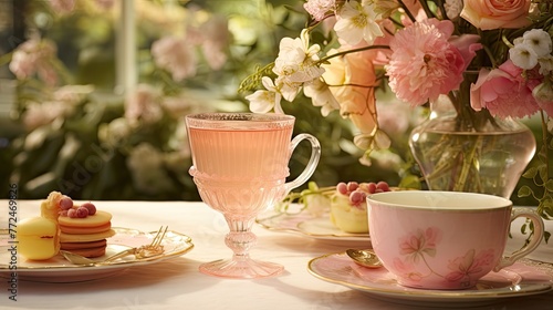 a charming tea party with dainty pastel peach-colored tableware and floral accents