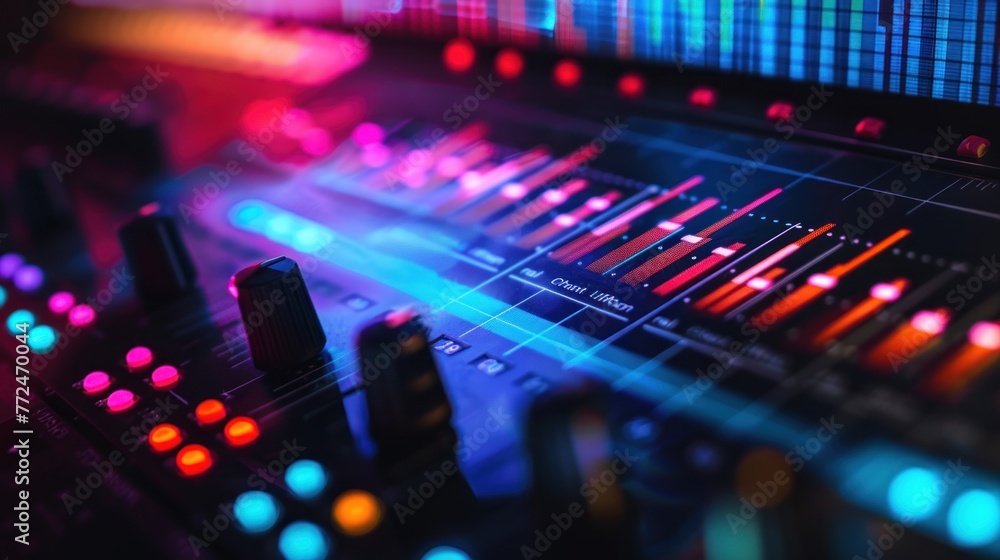 Sound engineer, audio mixer, buttons in various colors and soft LED lights