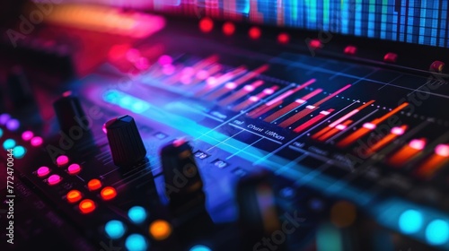 Sound engineer, audio mixer, buttons in various colors and soft LED lights