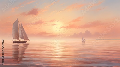 Render a serene pastel peach-colored seascape with sailboats gliding on calm waters.