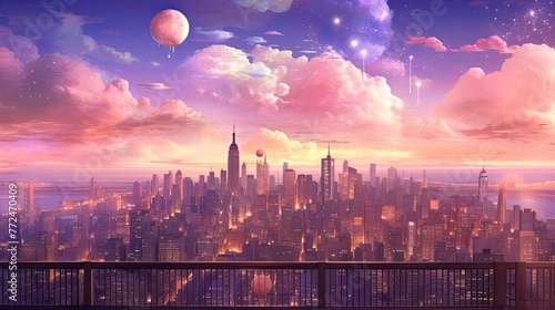 Render a romantic pastel peach evening cityscape with soft city lights. © DayByDayCanvas