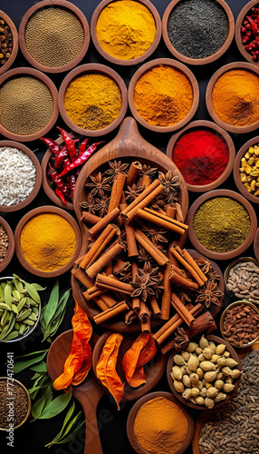  Colorful background of various herbs and spices for cooking in bowls, Spices - Seasonings, Food India, Indian culture, Raw materials for banner design , Generate AI