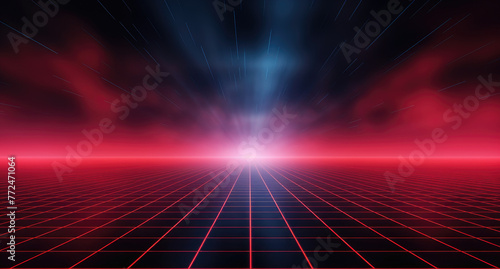 Red grid floor on a glow neon night red grid background  in the style of atmospheric clouds  concert poster  rollerwave  technological design  shaped canvas  smokey vaporwave background.