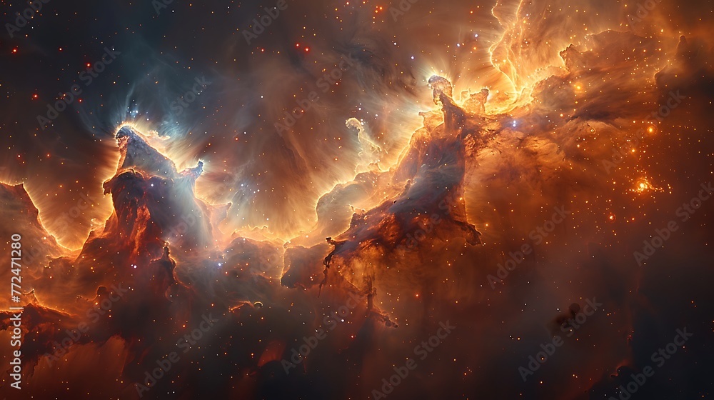 Witness the birth of stars in the swirling clouds of a stellar nursery, as molecular gas and dust coalesce