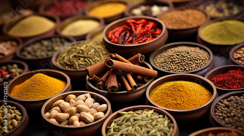  Colorful background of various herbs and spices for cooking in bowls, Spices - Seasonings, Food India, Indian culture, Raw materials for banner design , Generate AI