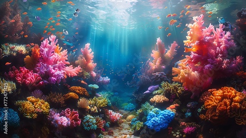 Witness the breathtaking beauty of a coral garden in full bloom, a kaleidoscope of colors teeming with life and energy. © Rana