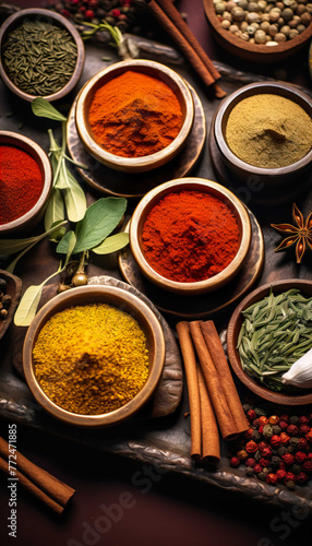  Colorful background of various herbs and spices for cooking in bowls, Spices - Seasonings, Food India, Indian culture, Raw materials for banner design , Generate AI © VinaAmeliaGRPHIC