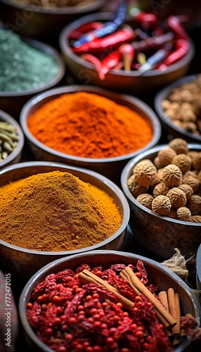  Colorful background of various herbs and spices for cooking in bowls, Spices - Seasonings, Generate AI © VinaAmeliaGRPHIC
