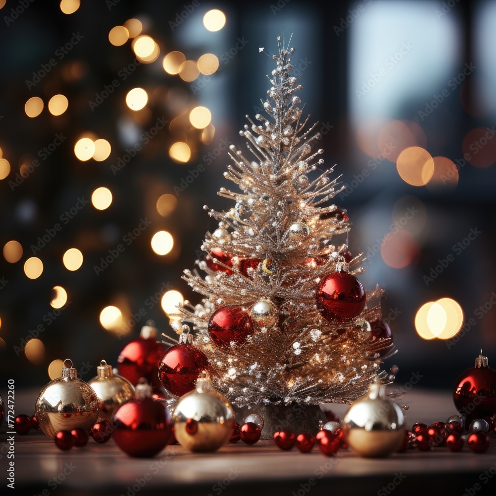 Christmas Tree, Red and White Ornaments against a Defocused Lights Background