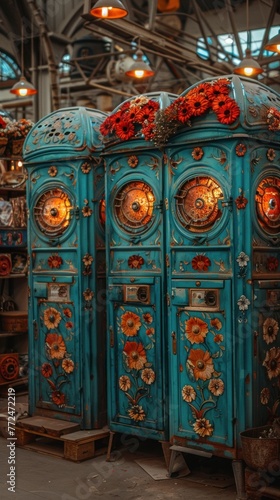 A blue cabinet with colorful flowers on top