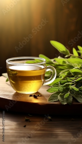 Freshly made cup of sage tea Tea, Herbal tea, Sage, Liquid, Leaves , on a wooden table Generate AI