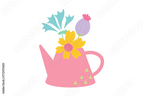 Vector illustration of the watering can with flowers. Hand-drawn. Concept of springtime gardening, farming