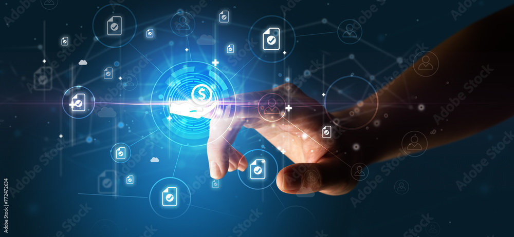 Businessman hand pressing stock graphic information on multitouch screen Businessman hand pressing stock graphic information on multitouch screen