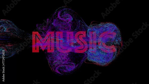 music text on black background. Abstract fluid explosion iridescent purple waves glowing energy magical in liquid water. Fluid Particles. Motion design