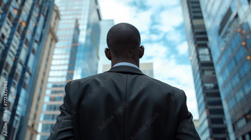 Business Vision: Back View of Businessman Facing Sky Towers Business Vision: Back View of Businessman Facing Sky Towers