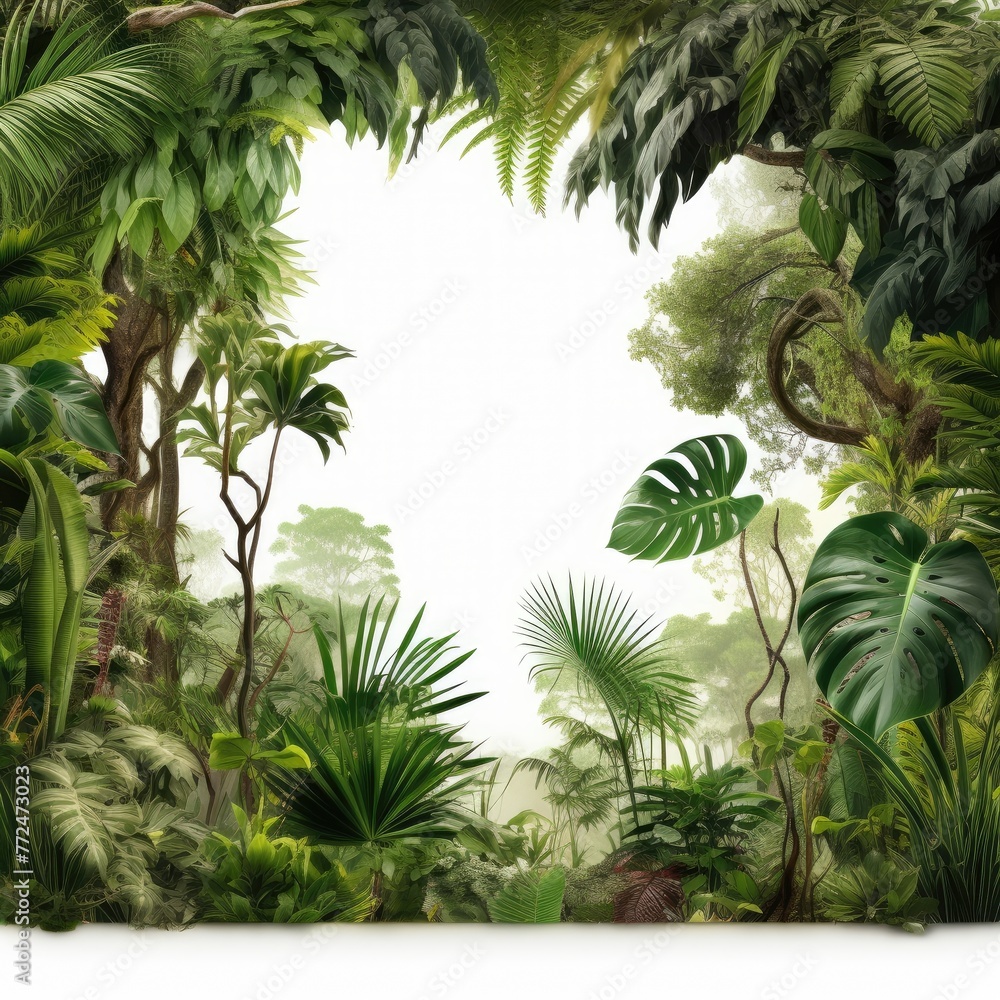 Lush green foliage of various tropical plants, trees creating dense, vibrant jungle scene with white empty space in center.