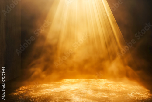 golden light ray glowing fogy scene, lighting through smoke room background